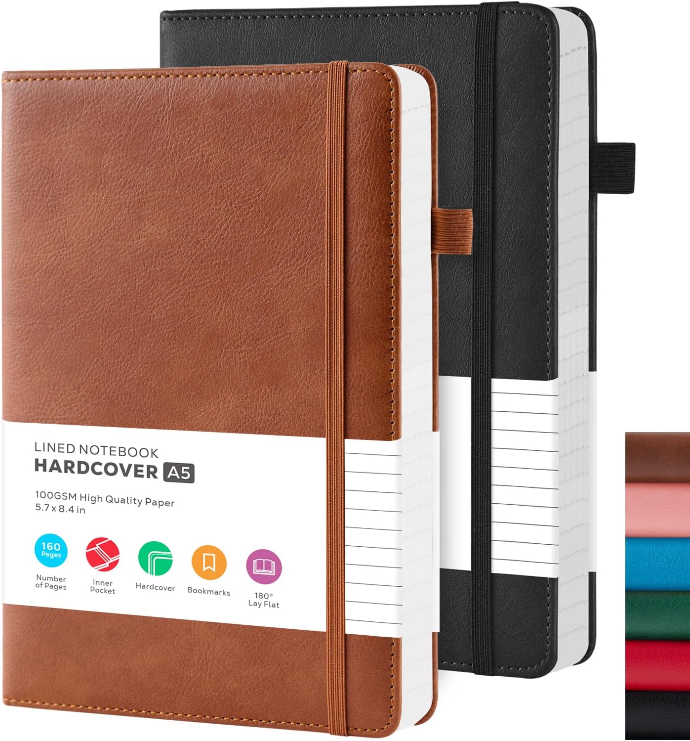 A5 Leather Hardcover Lined Journal — Pack of 2, 160 Pages A5 Leather Hardcover Lined Journal — Pack of 2, 160 Pages