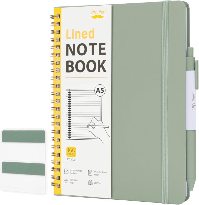 A5 Spiral-Bound Ruled Notebook — 160 Pages with Pen Loop, Green