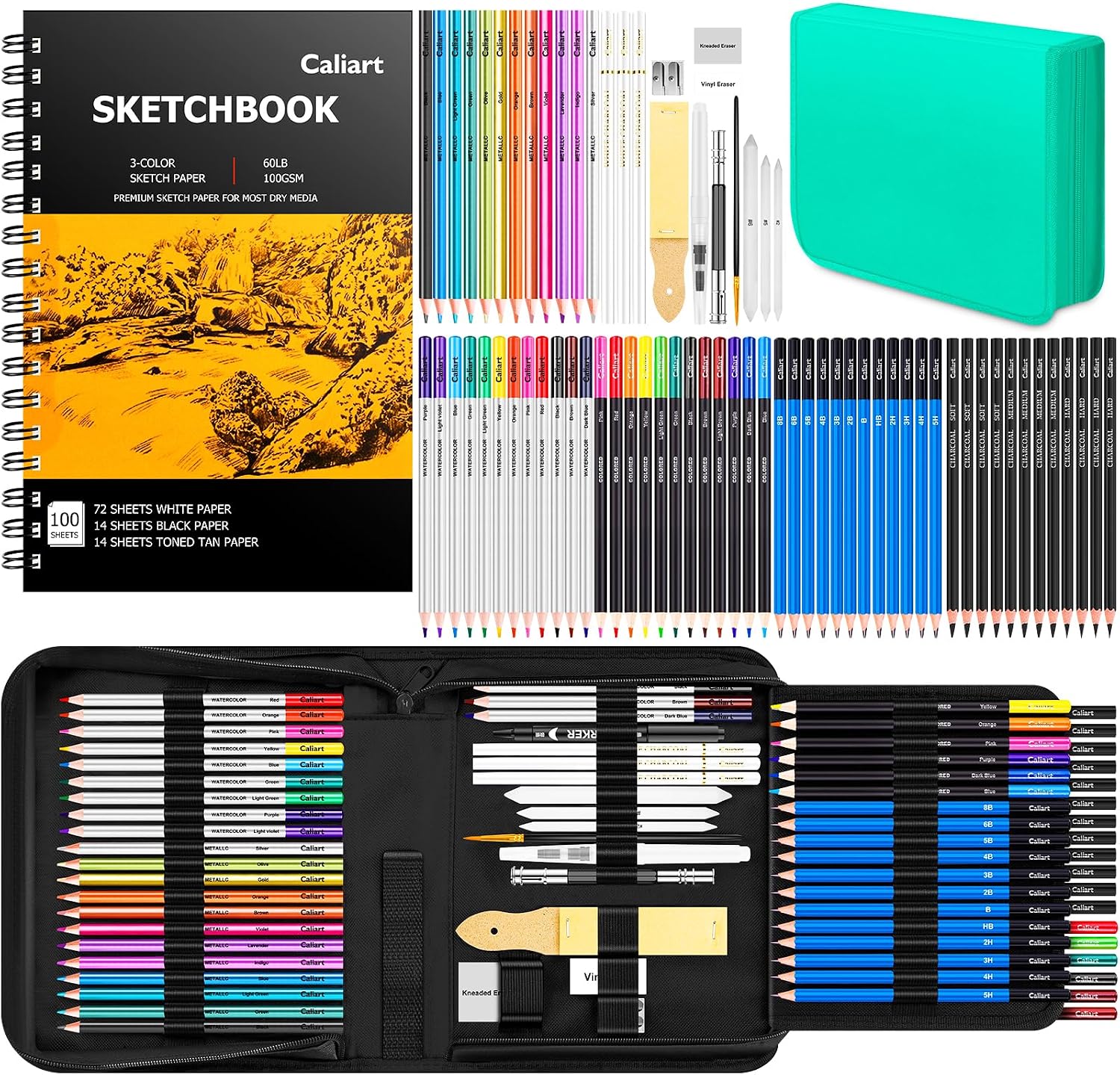 Caliart 176PCS Art Supplies Sketching Kit, 100 Sheets 3-Color Sketch Book | Graphite Colored Charcoal Watercolor & Metallic Pencils, Drawing Supplies Set Gifts for Adults Teens Girls Boys Kids - Image 10