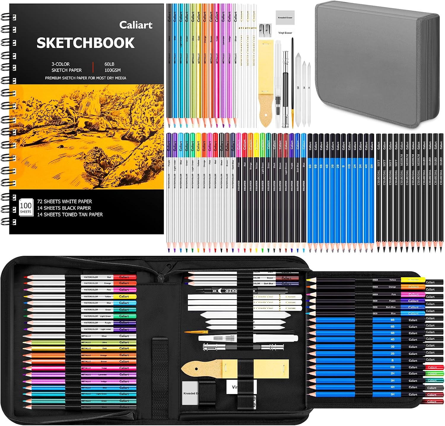 Caliart 176PCS Art Supplies Sketching Kit, 100 Sheets 3-Color Sketch Book | Graphite Colored Charcoal Watercolor & Metallic Pencils, Drawing Supplies Set Gifts for Adults Teens Girls Boys Kids - Image 11