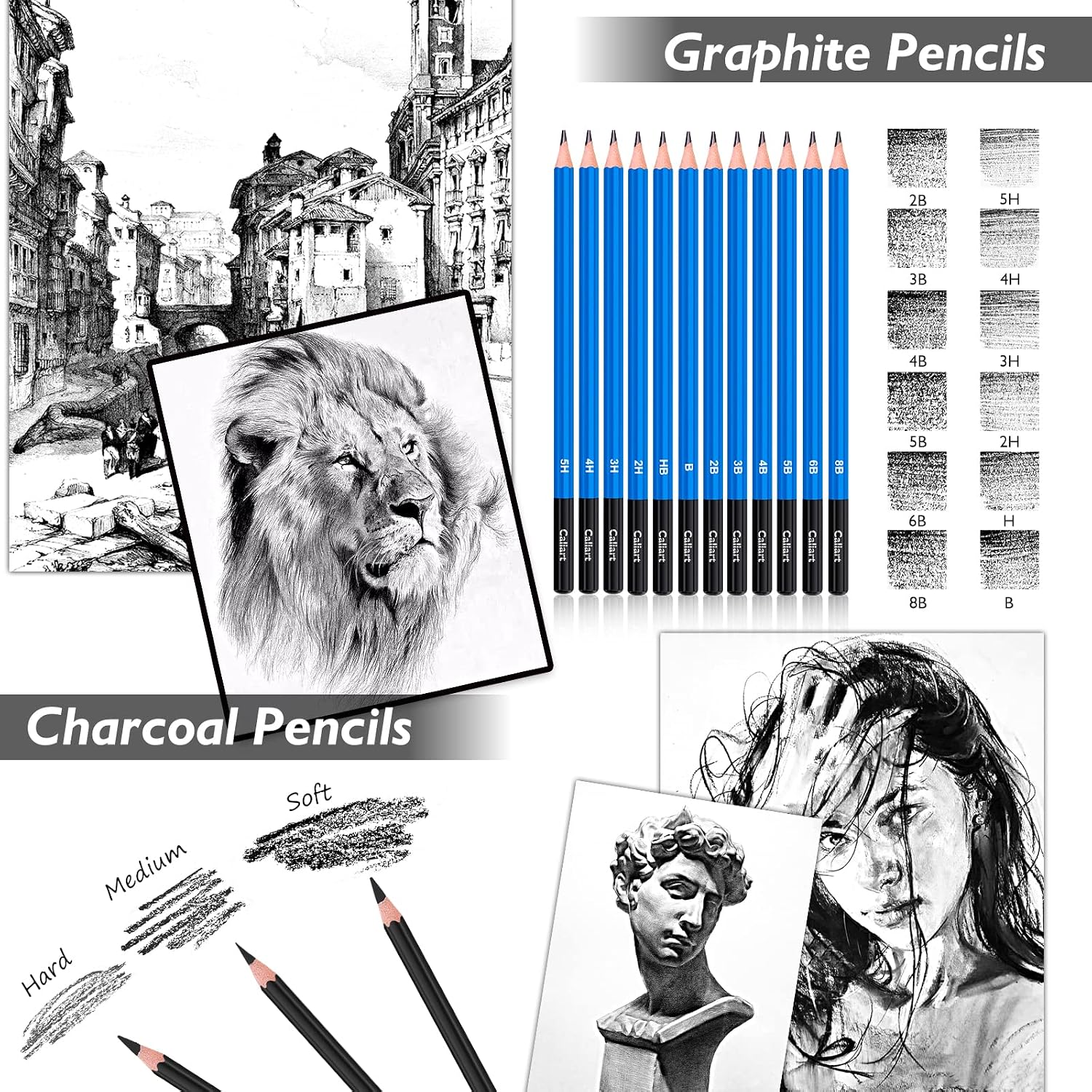 Caliart 176PCS Art Supplies Sketching Kit, 100 Sheets 3-Color Sketch Book | Graphite Colored Charcoal Watercolor & Metallic Pencils, Drawing Supplies Set Gifts for Adults Teens Girls Boys Kids - Image 5