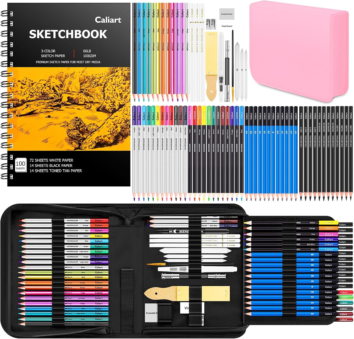 Caliart 176PCS Art Supplies Sketching Kit, 100 Sheets 3-Color Sketch Book | Graphite Colored Charcoal Watercolor & Metallic Pencils, Drawing Supplies Set Gifts for Adults Teens Girls Boys Kids - Image 8