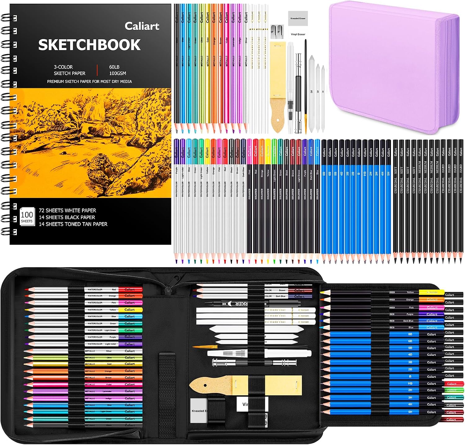 Caliart 176PCS Art Supplies Sketching Kit, 100 Sheets 3-Color Sketch Book | Graphite Colored Charcoal Watercolor & Metallic Pencils, Drawing Supplies Set Gifts for Adults Teens Girls Boys Kids - Image 9