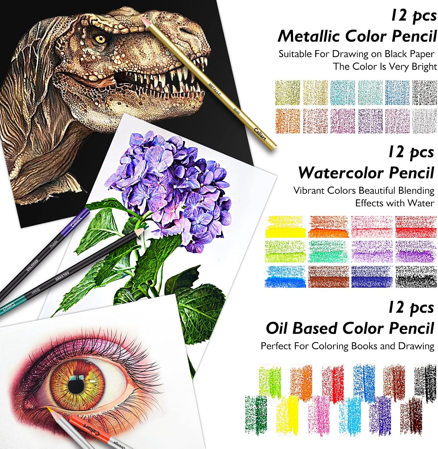 Caliart 176PCS Art Supplies Sketching Kit, 100 Sheets 3-Color Sketch Book | Graphite Colored Charcoal Watercolor & Metallic Pencils, Drawing Supplies Set Gifts for Adults Teens Girls Boys Kids - Image 4