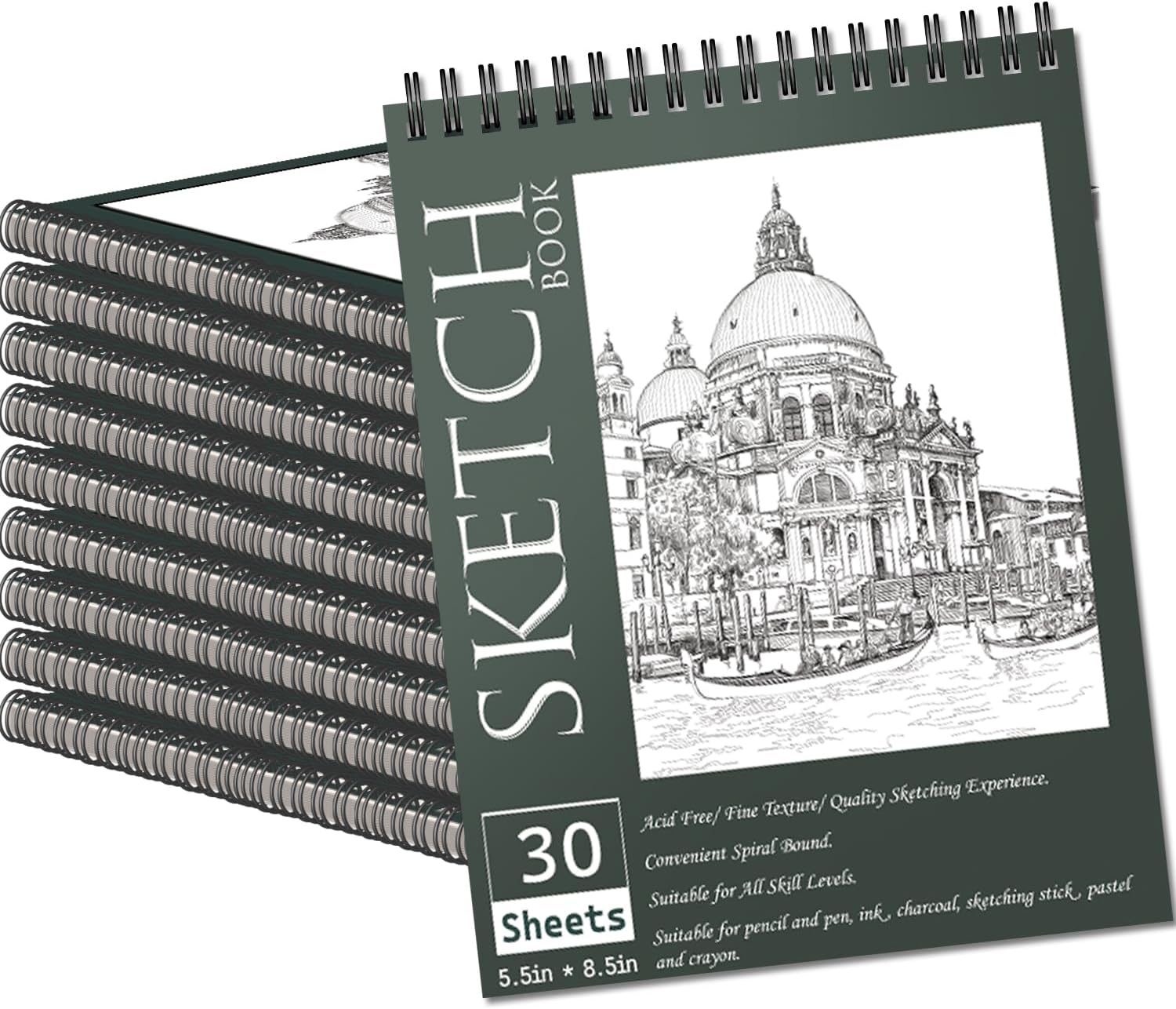 Mini Spiral Sketch Book 5.5 x 8.5 Inch — Pack of 10, 300 Sheets Mini Spiral Sketch Book 5.5 x 8.5 Inch — Pack of 10, 300 Sheets