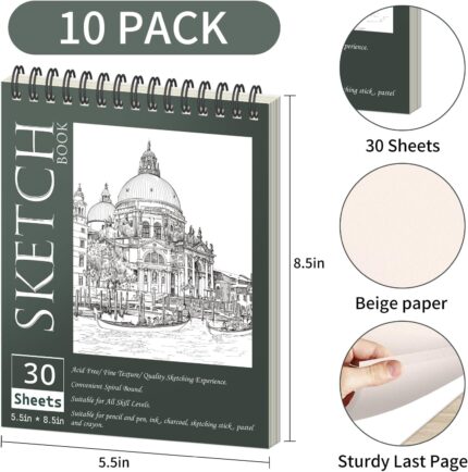 Mini Spiral Sketch Book 5.5 x 8.5 Inch — Pack of 10, 300 Sheets